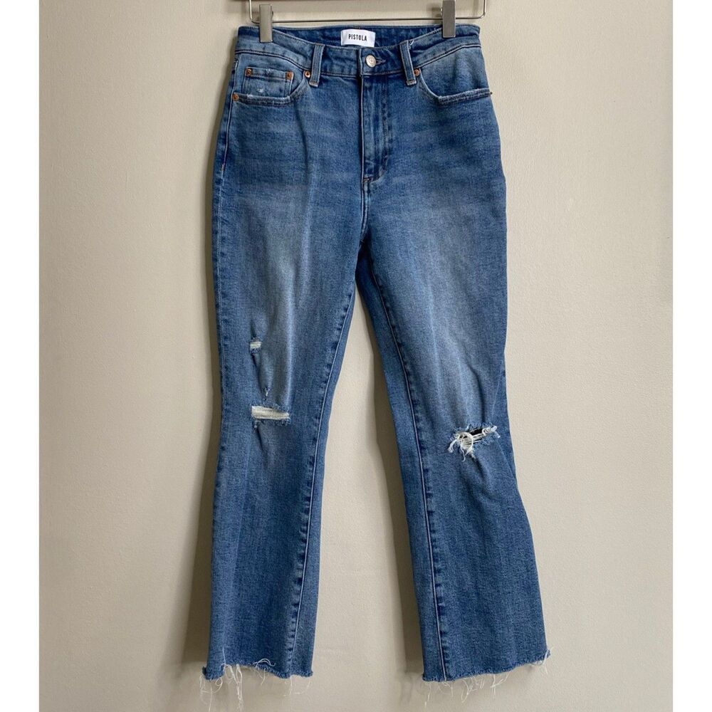 Pistola Medium Wash Mid Rise Distressed Crop Flare Raw Hem Jeans Size 26